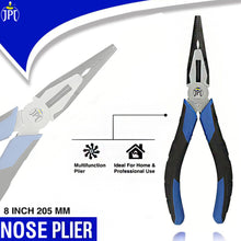 JPT 8-Inch Long Heavy Duty Nose Plier With Hard Carbon Steel Jaws And Comfort Grip Handles | Long Nose Cutting Pliers for AC Wiring, Cutting, And Gripping