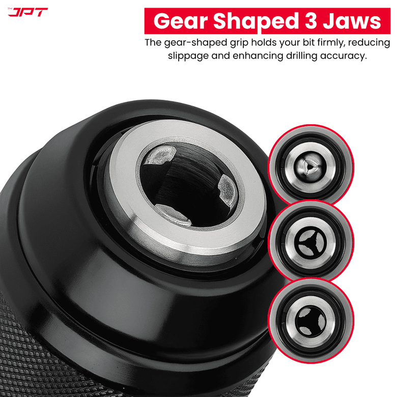 JPT Heavy-Duty 10MM Metal Keyless Drill Chuck | 3/8‑24UNF Mount | Gear Shaped 3 Jaws | Durable Metal Casing | Self-Locking Chuck | Use in Wood, Metal, and DIY Tasks