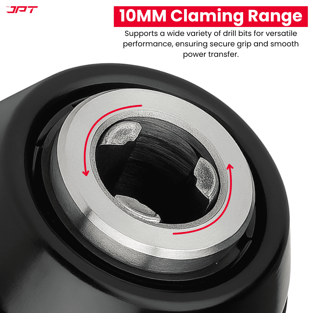 Buy JPT heavy-duty metal keyless drill chuck, featuring 10mm clamping range, 3/8‑24UNF mount, gear shaped 3 jaws, self-locking and more at best price.