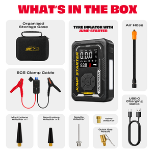 JPT 1500A Jump Starter, 150PSI Tyre Inflator, 10000mAh Power Bank Ultra Heavy Duty • 1500A Peak Current • 150PSI Tyre Inflator • 10000mAh Power Bank • Smart EC5 Protection • Digital Display