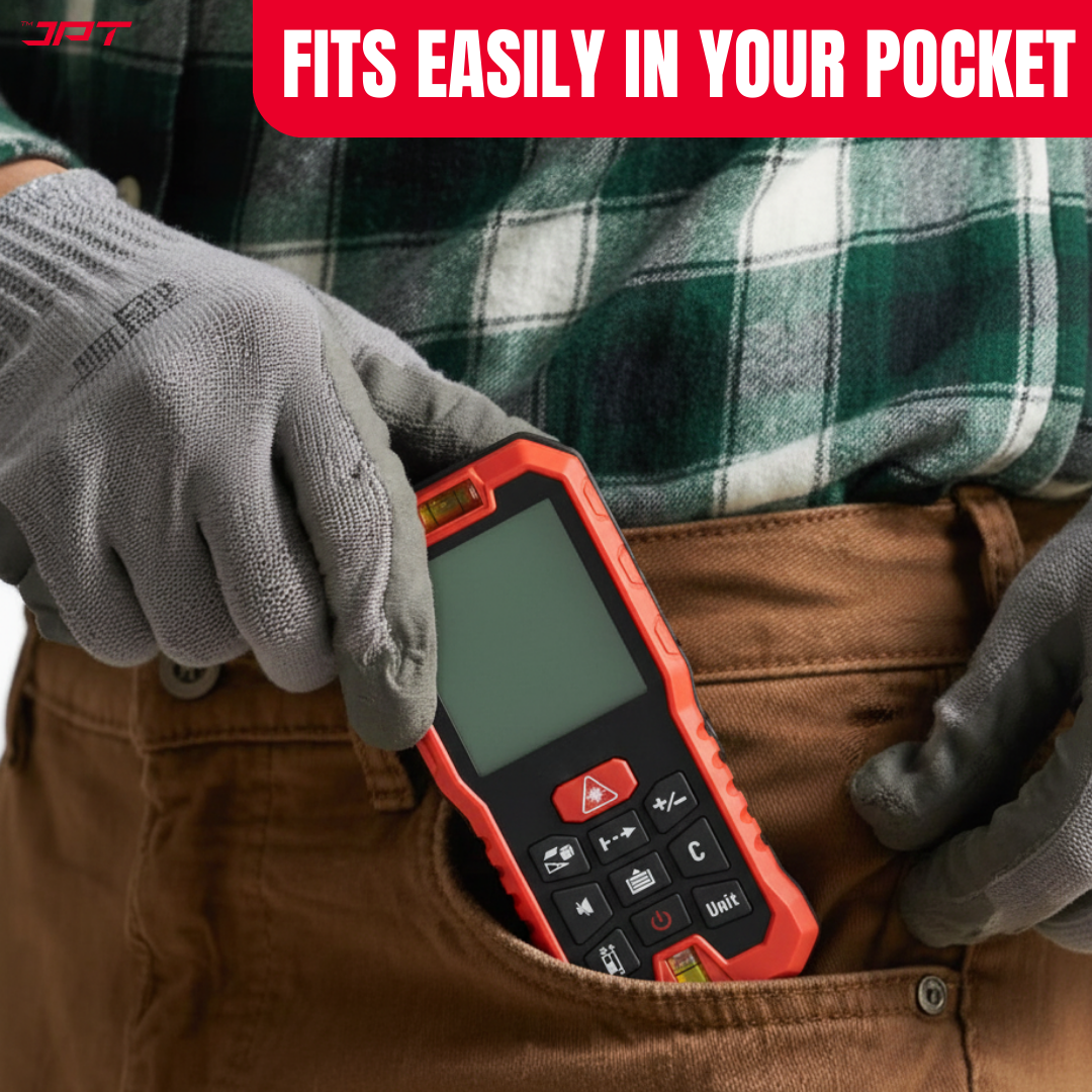Buy JPT 50M Digital Laser Distance Meter with distance, area, volume & indirect height calculation — ideal for site engineers, contractors & interior projects.