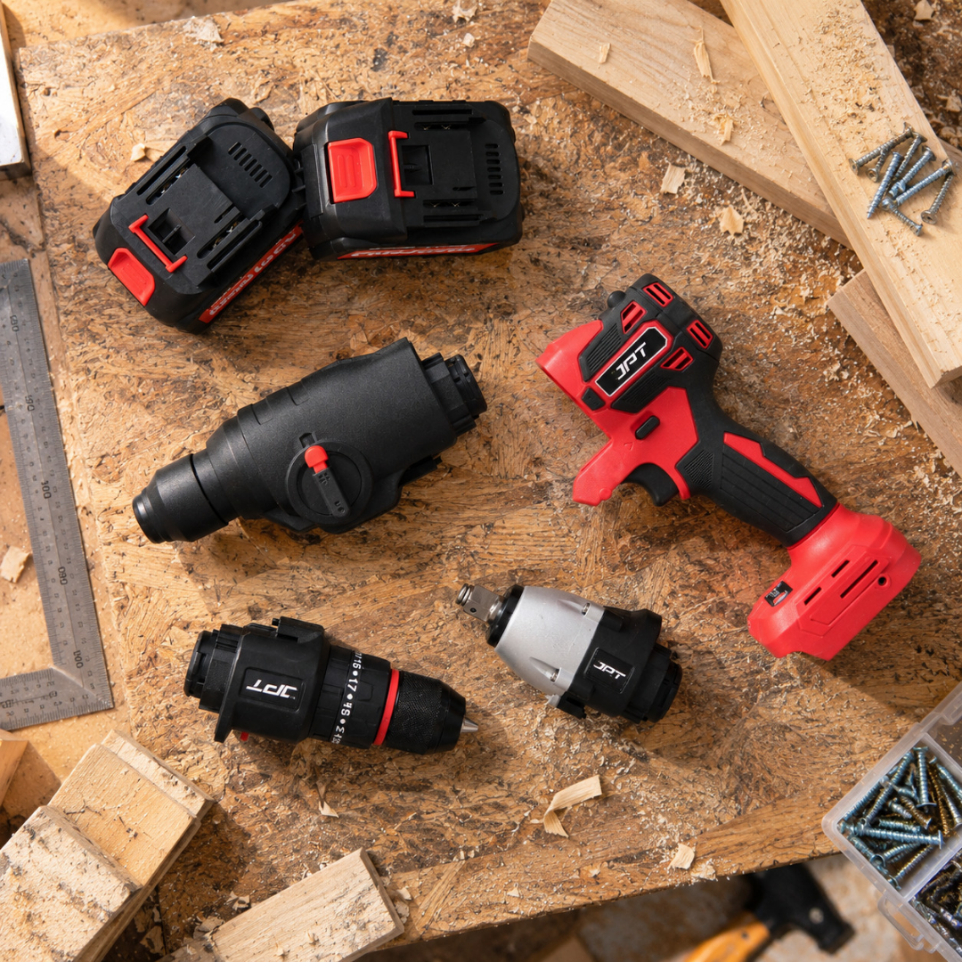 JPT Heavy Duty Brushless 3-In-1 Cordless Power Tool Set | 3-Speed Power Unit with Impact Wrench, Impact Drill, and Rotary Hammer Attachment