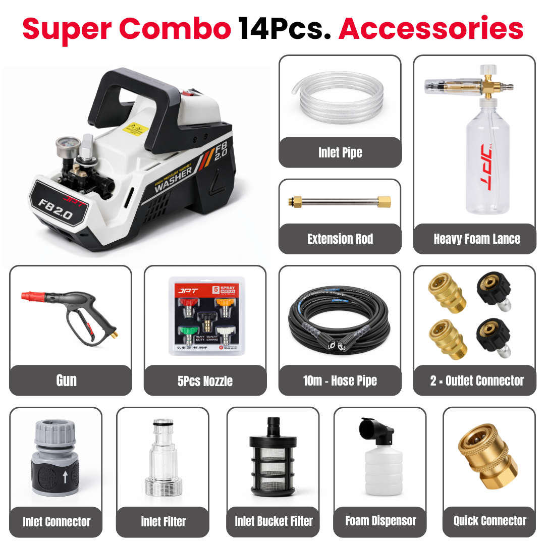 JPT F8 2.0 Super Combo 3500 PSI Electric Pressure Washer – 2500W 100% Copper Motor, 10 L/min High Flow, Portable Car & Home Power Washer with Total Stop System & 14-Piece Accessory Kit