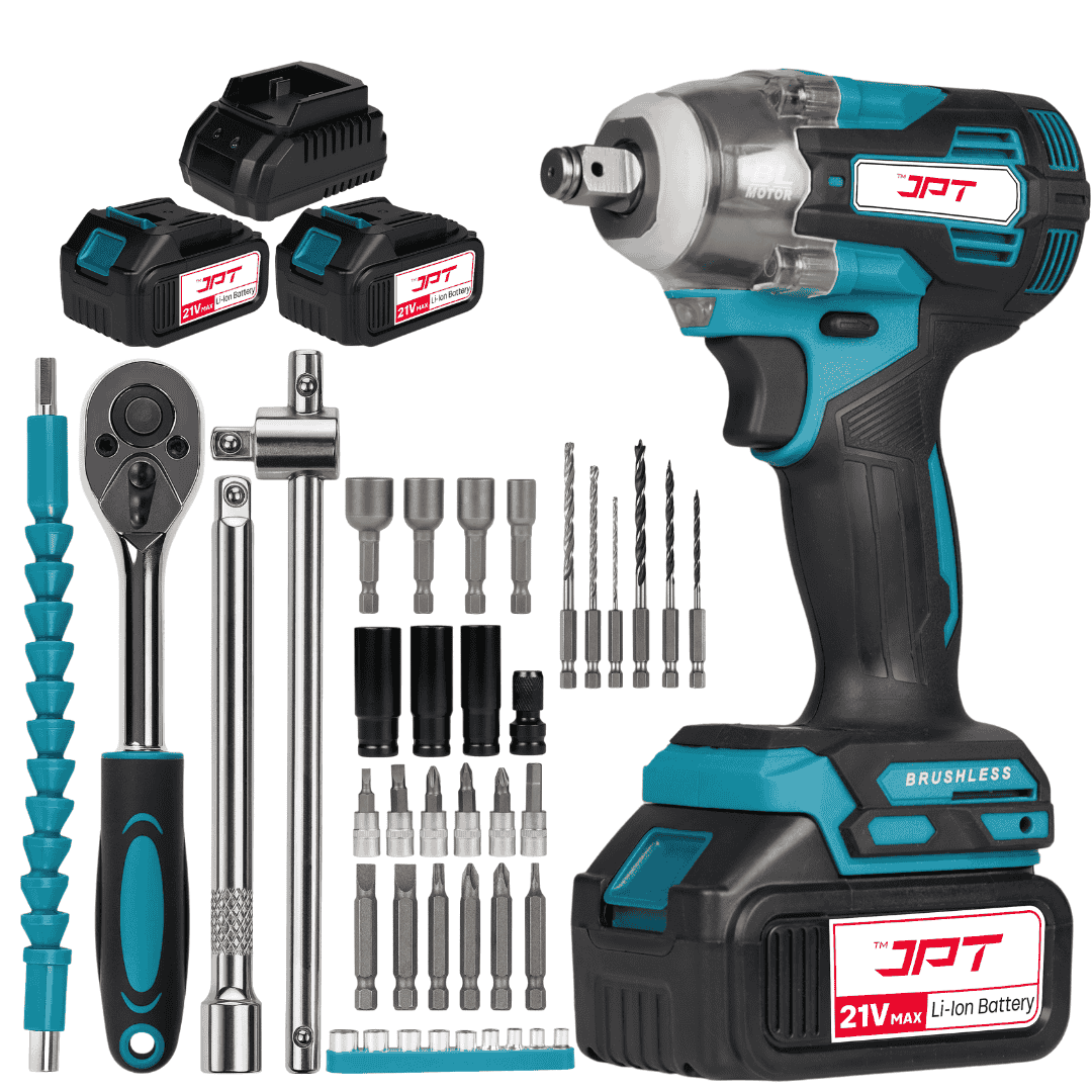 JPT 21v Heavy-Duty Brushless Cordless Impact Wrech | Brushless Motor | 400NM Torque | 4000RPM Speed with 3 Speed Mode | 4.0Ah Li-ion Battery & Fast Charger | 39-Piece Combo Kit for Car, Garage & Workshop Use