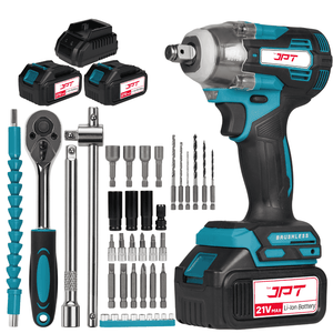 JPT 21v Heavy-Duty Brushless Cordless Impact Wrech | Brushless Motor | 400NM Torque | 4000RPM Speed with 3 Speed Mode | 4.0Ah Li-ion Battery & Fast Charger | 39-Piece Combo Kit for Car, Garage & Workshop Use
