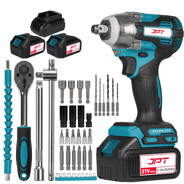 Buy JPT 21V cordless impact wrench with 400Nm torque, 3-speed control, 4000mAh battery, LED light, and 39-piece accessories kit for garage or workshop use.