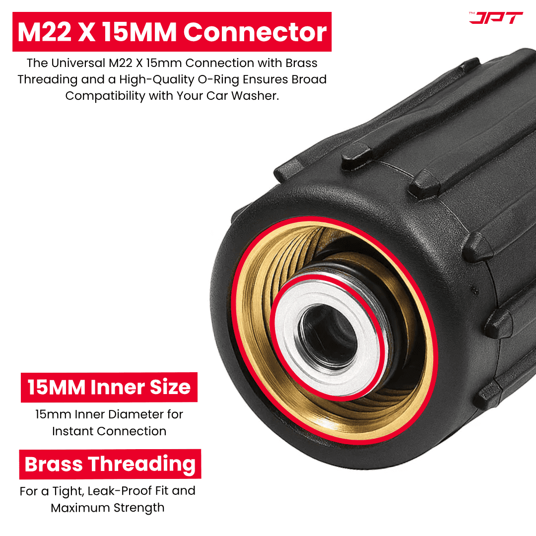 JPT Ultra Heavy-Duty 15MTR Flexible High Pressure Washer Hose Pipe | Standard M22 x 15MM Thread | Up To 450Bar / 6525PSI | PVC + PE Layers Build | Tangle & Kink Free Design