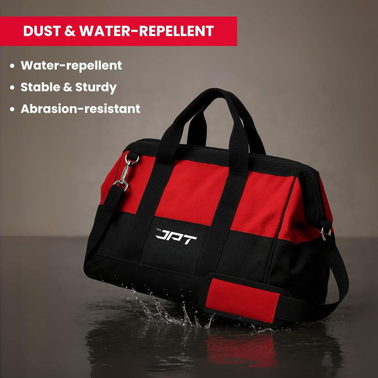 JPT 18-Inch Heavy Duty Tool Bag, Wide Mouth Tool Storage Bag with Interior Pockets, Large Capacity Tool Tote Bag for Electricians, Power Tools Organizer