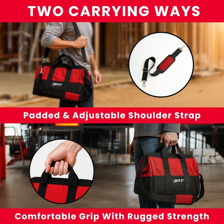 JPT 18-Inch Heavy Duty Tool Bag, Wide Mouth Tool Storage Bag with Interior Pockets, Large Capacity Tool Tote Bag for Electricians, Power Tools Organizer