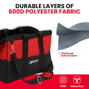 JPT 18-Inch Heavy Duty Tool Bag, Wide Mouth Tool Storage Bag with Interior Pockets, Large Capacity Tool Tote Bag for Electricians, Power Tools Organizer