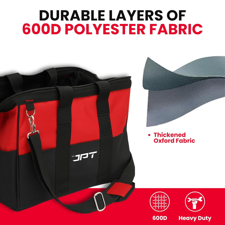 JPT 18-Inch Heavy Duty Tool Bag, Wide Mouth Tool Storage Bag with Interior Pockets, Large Capacity Tool Tote Bag for Electricians, Power Tools Organizer