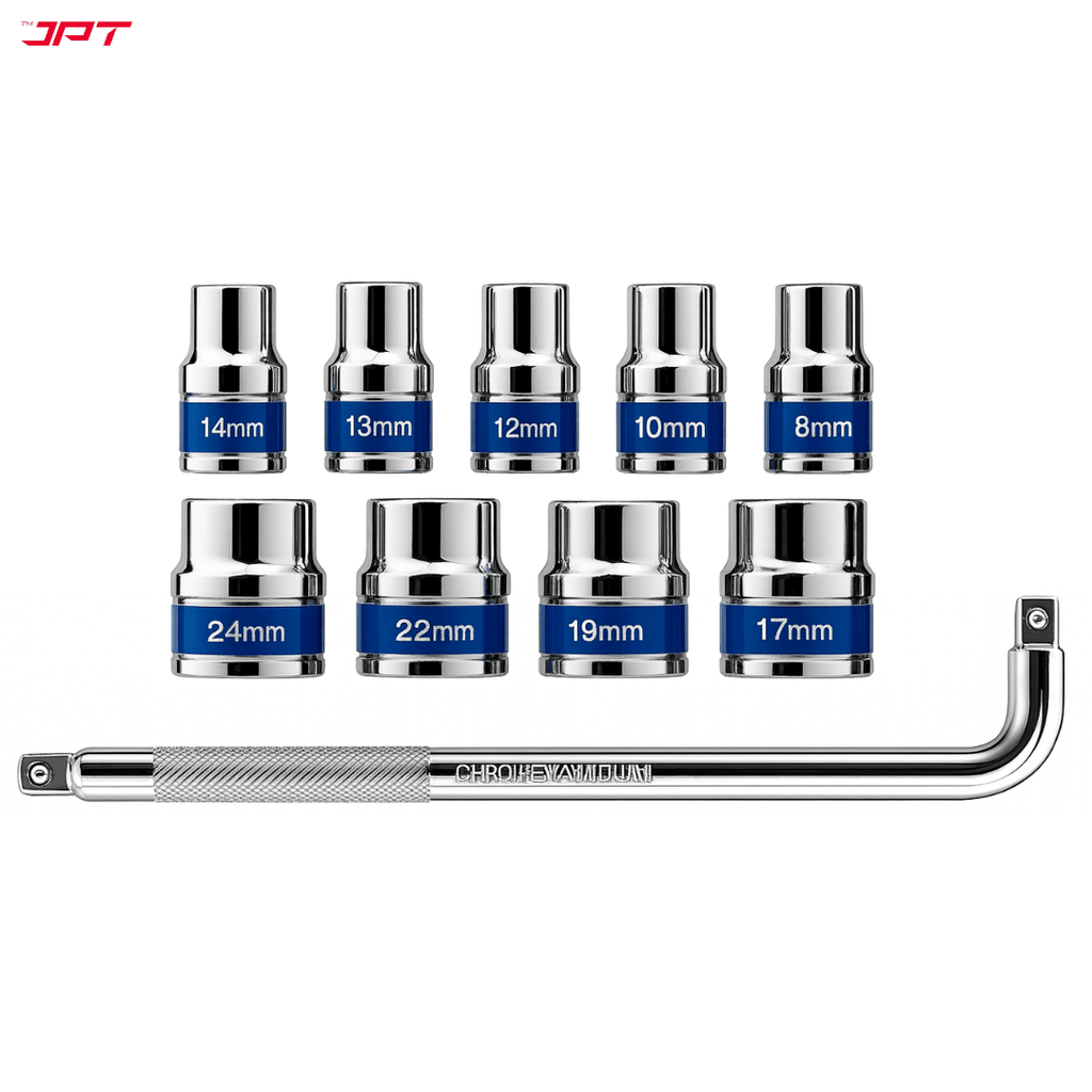Buy the JPT 9+1 Piece Socket Set with L-Spanner, available in 8mm, 10mm, 12mm, 13mm, 14mm, 17mm, 19mm, 22mm, and 24mm sizes, all at the best price.