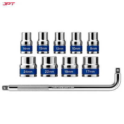 Buy the JPT 9+1 Piece Socket Set with L-Spanner, available in 8mm, 10mm, 12mm, 13mm, 14mm, 17mm, 19mm, 22mm, and 24mm sizes, all at the best price.