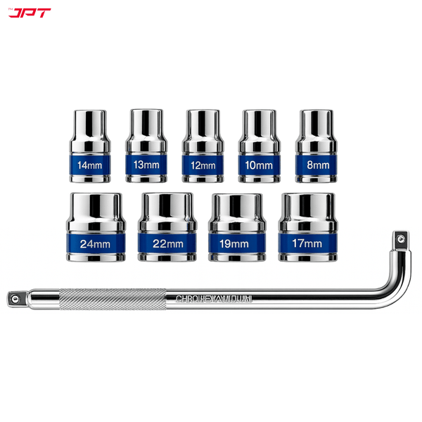 Buy the JPT 9+1 Piece Socket Set with L-Spanner, available in 8mm, 10mm, 12mm, 13mm, 14mm, 17mm, 19mm, 22mm, and 24mm sizes, all at the best price.