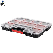 JPT Shallow Tool Organizer Box with 8 Removable Containers and Dividers, Heavy-Duty Storage Case with Transparent Lid for Tools, Hardware, Screws, and Small Items