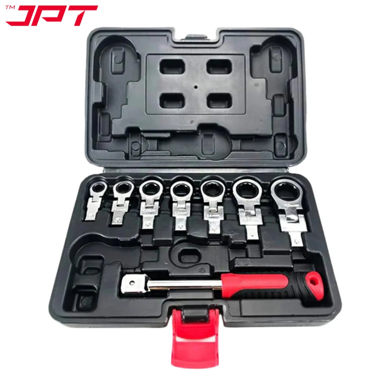 JPT Heavy Duty 8-Pieces Changeable Flex Head Ratchet Spanner | 7 Torx Heads Ranging From 8mm To 19mm | 180-Degree Rotation | Ratcheting Set for Automobile Repair, Home Projects, and More