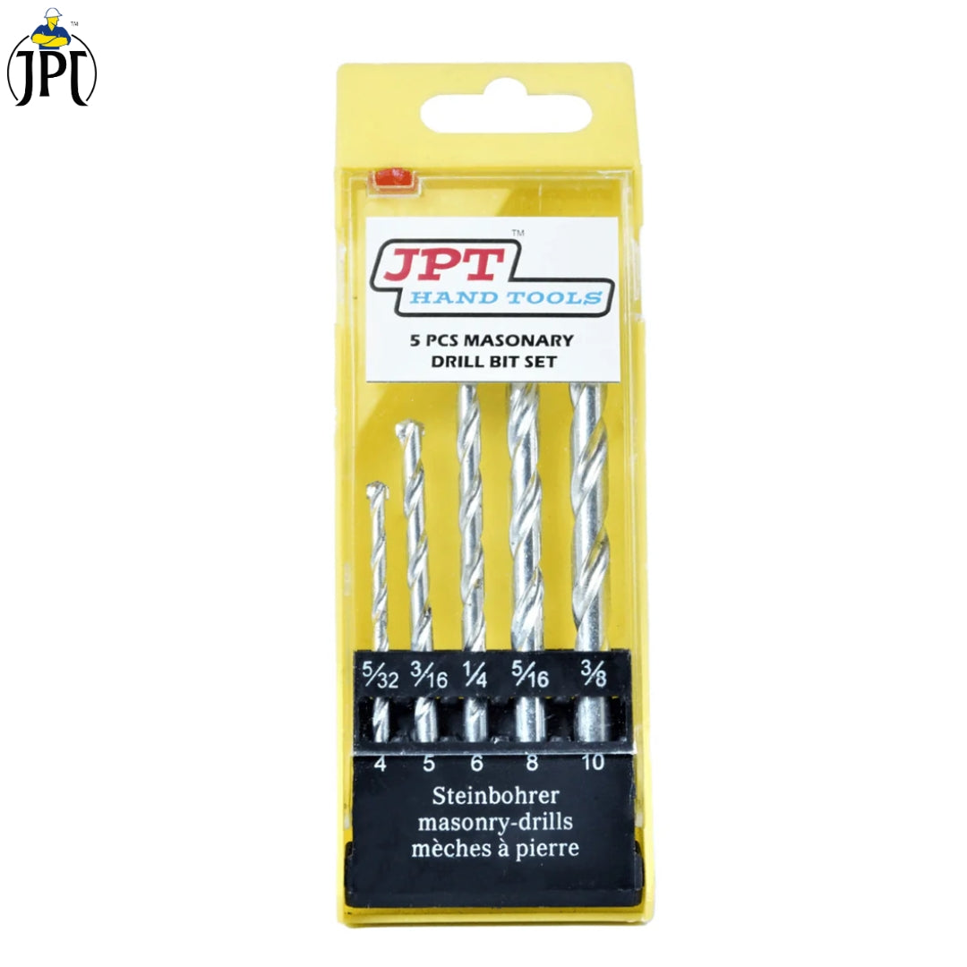 JPT Heavy Duty 5-Piece Steel Masonry Drill Bit Set | Construction Drill Bits in 4MM, 5MM, 6MM, 8MM & 10MM Sizes | Ideal for Drilling In Brick, Concrete, Stone, and Tile