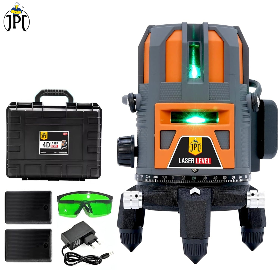 JPT 360° 4D Self-Leveling Laser Level with Mini Tripod – High-Precision Cross Line Tool for Construction, Renovation, and Floor Tiling with Two 1500mAh Batteries, Fast Charger and Durable Case
