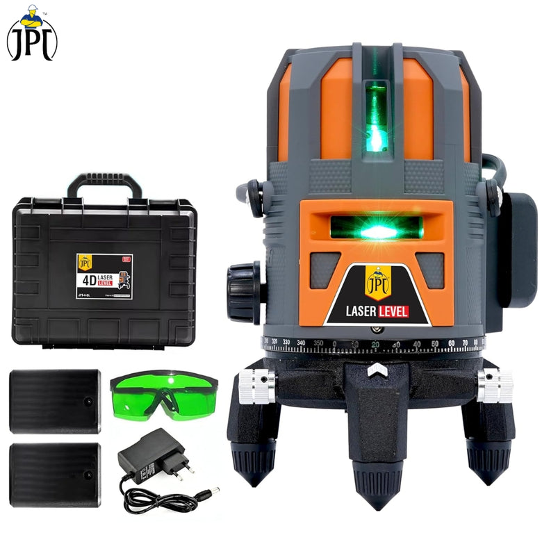 JPT 360° 4D Self-Leveling Laser Level with Mini Tripod – High-Precision Cross Line Tool for Construction, Renovation, and Floor Tiling with Two 1500mAh Batteries, Fast Charger and Durable Case