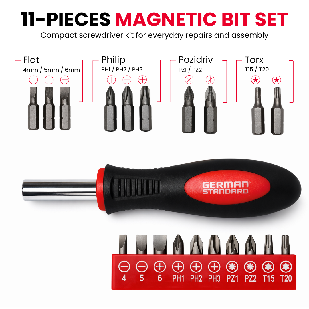 Buy JPT 11 pcs magnetic screwdriver bit set with 1/4 inch holder. Includes Phillips, Flat, Pozidriv & Torx bits. Ideal for electrical, furniture & repair work.