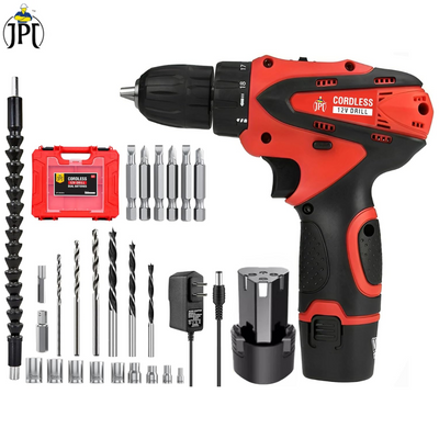 Grab the multi-tasking JPT cordless drill machine, featuring 24 Nm torque, 0-1350 RPM speed, 18+1 clutch, two-speed gear, and 24-piece bits & sockets set Included.