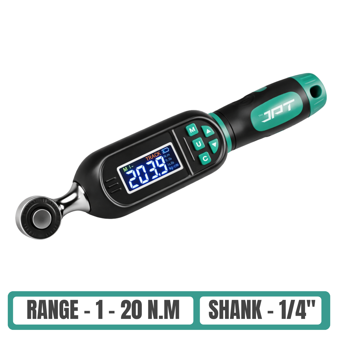 JPT Digital Torque Wrench 1/4" Drive | 1 – 20 N·M Torque Range | High-Accuracy Electronic Torque Wrench with LED & Buzzer Alert | Peak & Track Mode | Multi-Unit Display