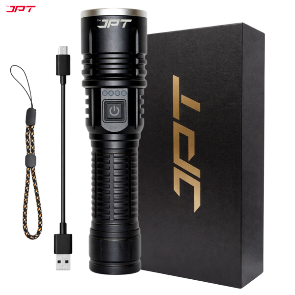 JPT Heavy-Duty K17 LED Flashlight | 3 Lightning Modes | Telescopic Zoom | Power Bank Function | Rechargeable USB Tactical | 5800mAh Battery | Portable Torch for Trekking, Hunting, Emergency