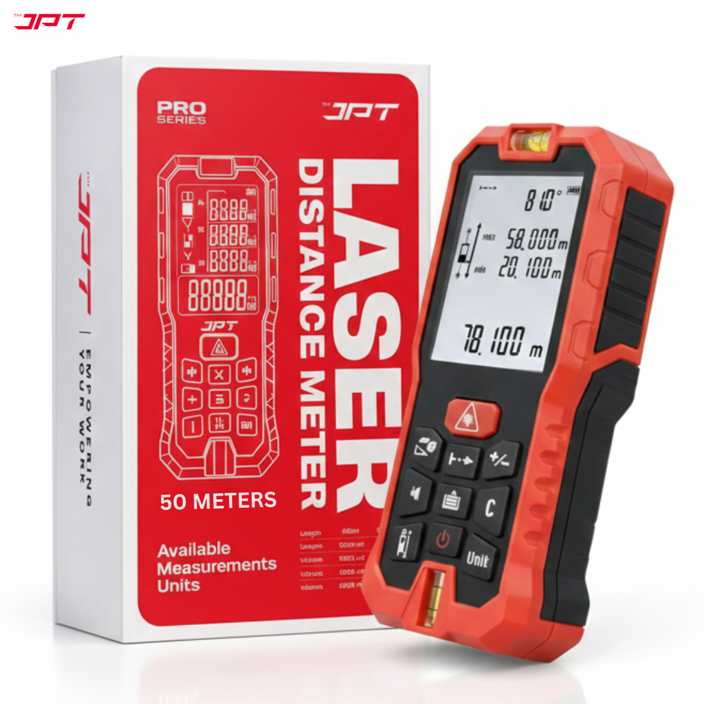 Buy JPT 50M Digital Laser Distance Meter with distance, area, volume & indirect height calculation — ideal for site engineers, contractors & interior projects.