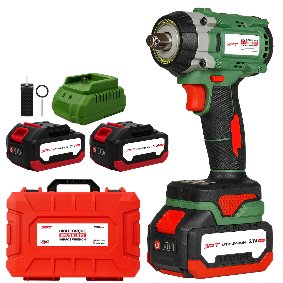 JPT Heavy-Duty Pro Series 21v Cordless Impact Wrench | Brushless Motor | 750N.M Torque | 4200RPM Speed | 3”2 Shank | 3 Variable Speed | 4000mAh Battery & Fast Charger | For Cars, Bikes & Garage Use