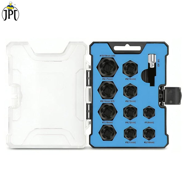 Buy now the JPT 10+1 piece impact nut & bolt extractor set with 3/8" drive hex adapter, to take out the most damaged, frozen, rusted, rounded-off bolt easily.