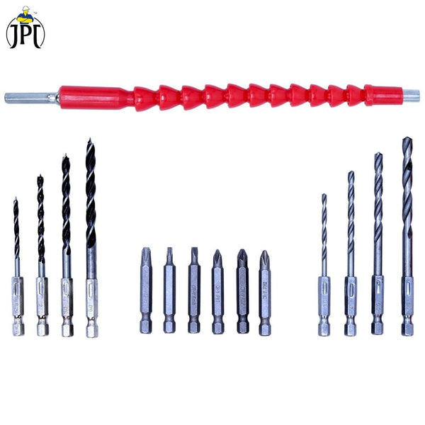 JPT 15-Piece Drill & Screwdriver Bits Combo | 8-Piece Drill Bits | 6-Piece Screw Driver Bits | 1 FLexible Drill Extenstion