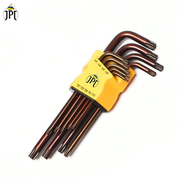 JPT 9 Pieces Torx Star Allen Key Set | Long Arm Wrench Hex Keys | Security Torx End Holes | Storage Case | T10-T50 ( 9Inch Star End )