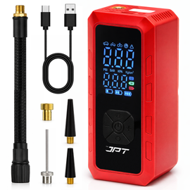 JPT Cordless Tyre Inflator | 5000mAh Air Compressor with Power Bank & Type-C Charging | Preset Modes, Auto Stop, Multi-Unit Display | Portable Pump for Car, Bike, Cycle & Ball | Red