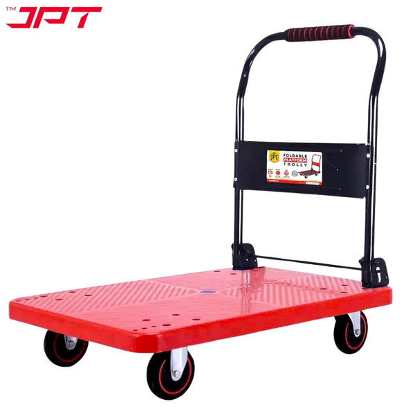 Buy the JPT big folding Hand Trolley for industrial, warehouse, office & home use. This trolley features 400kg loading capacity, 360° swivel wheels, and more.