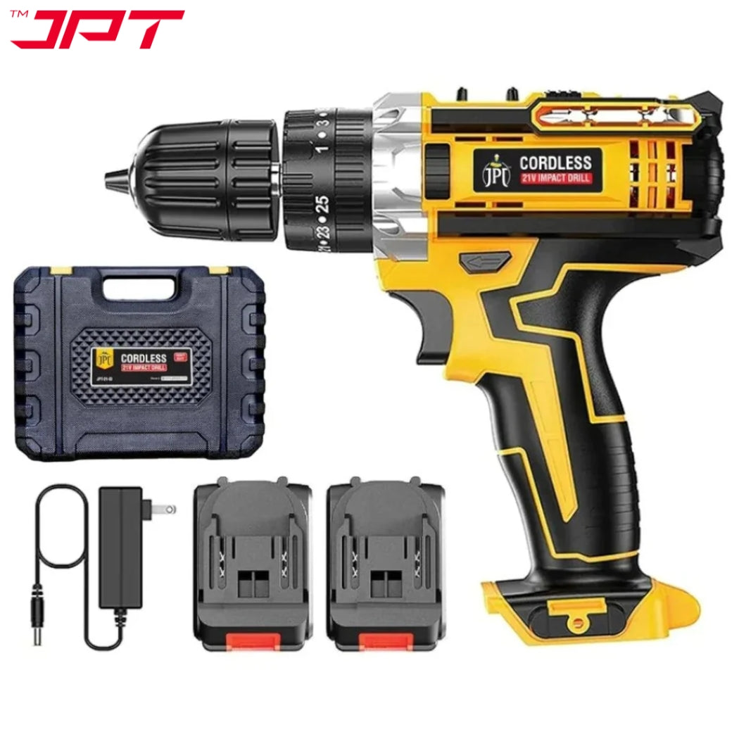 JPT Heavy Duty 21-volt Portable Cordless Drill Machine | 25N.M Torque | 0-3500RPM Speed | 2 Speed Modes | 25+3 Gear Setting | 3/8-Inch Chuck | 1500mAh Battery | 6-Months Warranty