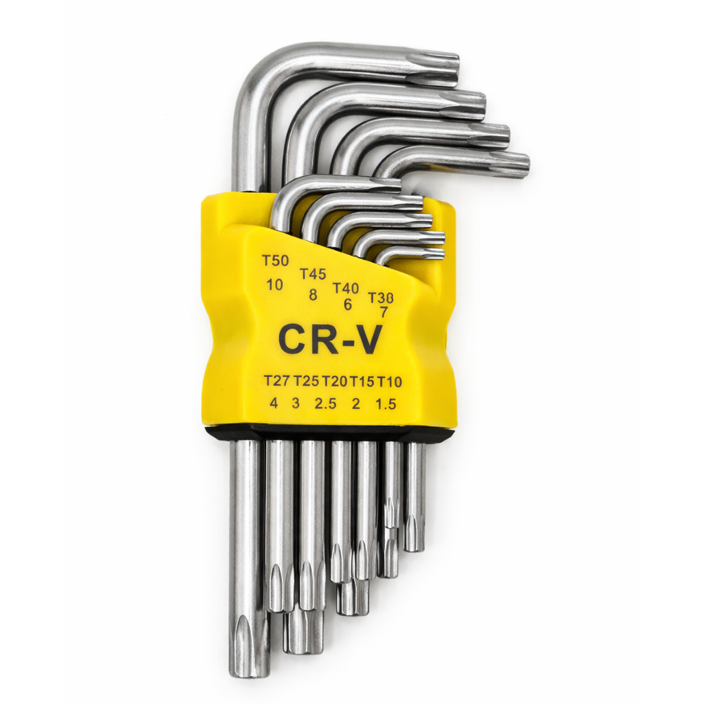 Buy JPT 9-piece CR-V Torx Allen key set (T10–T50) with 5-inch L-type design for extra leverage. Heavy duty cr-v hex key set for bike, car and workshop repair.