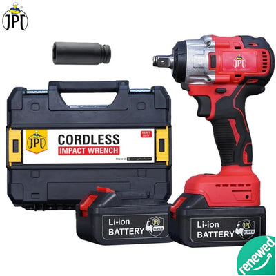 Get the JPT renewed 21v powerful brushless motor cordless impact wrench, featuring 550 nm torque, 4200 rpm speed, 4000mAh battery, fast charger, and much more.