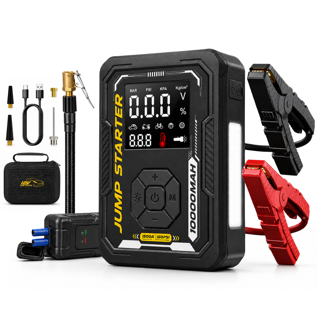 JPT 1500A Jump Starter, 150PSI Tyre Inflator, 10000mAh Power Bank Ultra Heavy Duty • 1500A Peak Current • 150PSI Tyre Inflator • 10000mAh Power Bank • Smart EC5 Protection • Digital Display