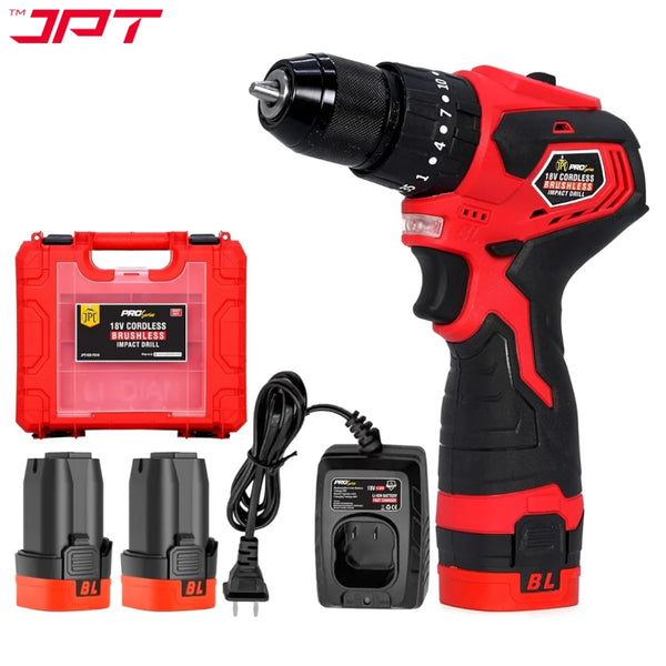 JPT Pro Series Brushless 18-volt Cordless Impact Drill Machine | 65N.M Torque | 0-2000RPM Speed | 35+3 Gears Box | 2 Speed Modes | 3/8-inch Metal Chuck | 1500mAh Battery | Fast Charger