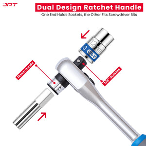 JPT 34-In-1 Multi-Functional Ratchet Handle Set | 12-Piece Hexagon Head Bits, 20-Piece Screwdriver Bits, One 43-Tooth Reversible Ratchet Handle |  Crome