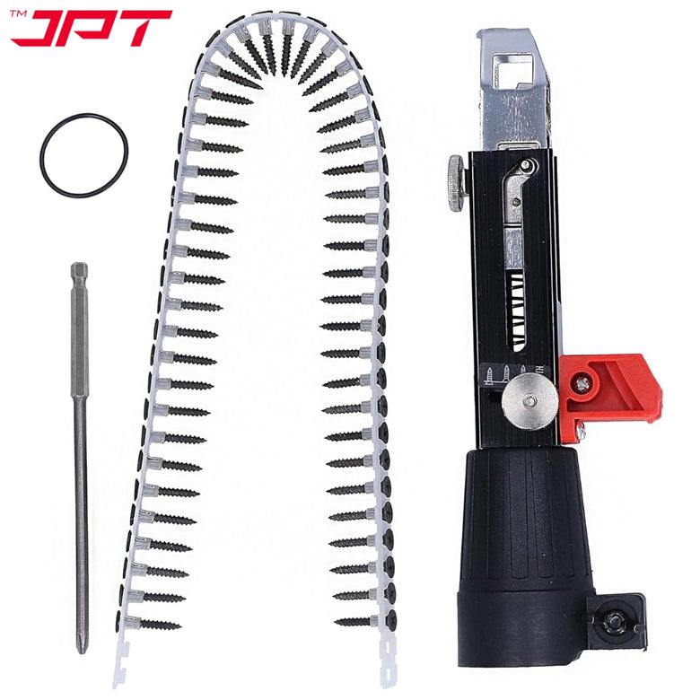JPT Automatic Chain Nail Gun Adapter – Collated Screw Autofeed Nailing Head for Electric Drill, Heavy-Duty Drywall & Woodworking Nail Gun Attachment with 50-Piece Chain Nails
