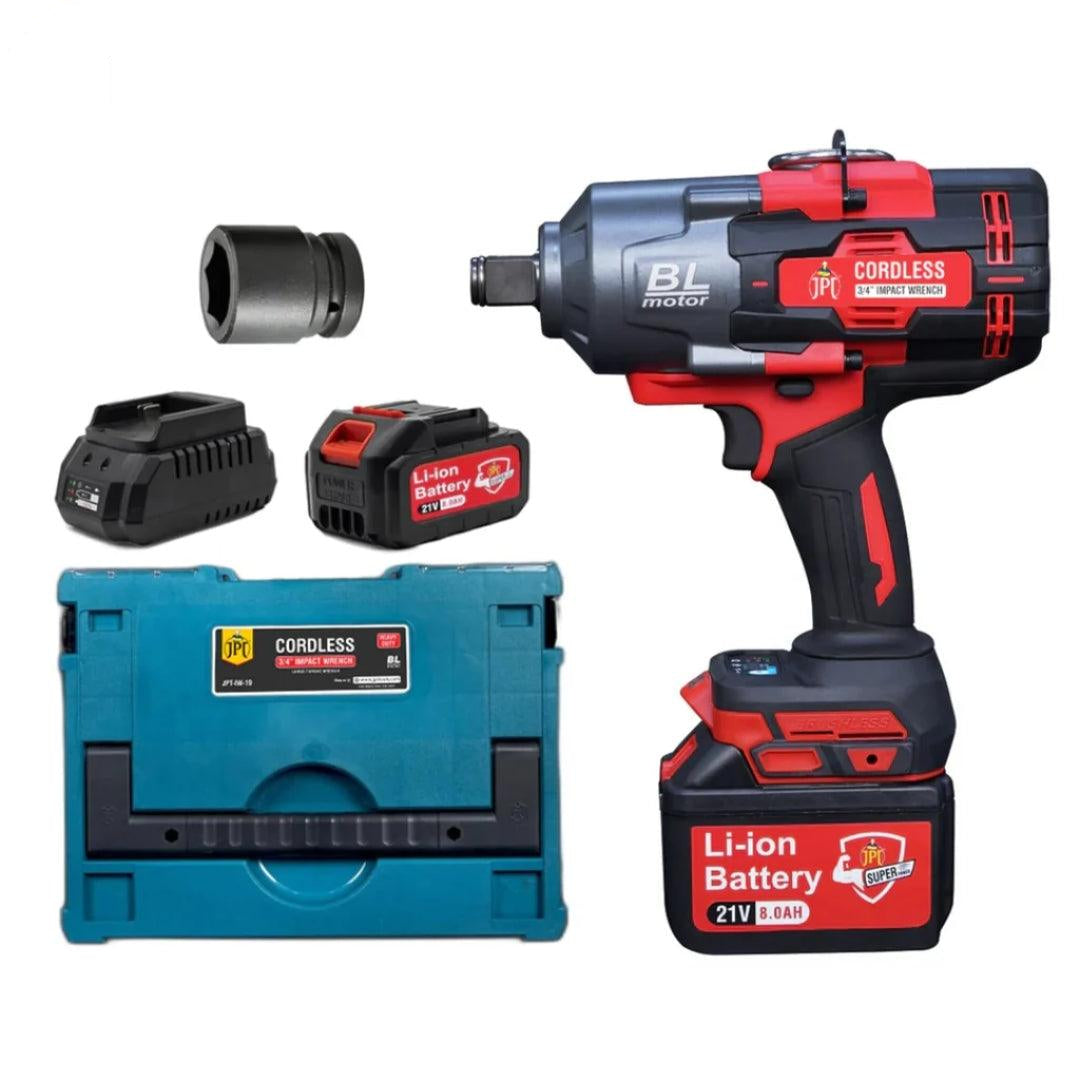 JPT Supreme Powerful Brushless 21-volt Cordless Impact Wrench | 2100 Nm Torque | 2300 RPM Speed | 3/4-Inch Head Shank | Bright LED Light | 8000mAh Battery | Fast Charger | 36mm Socket | Heavy Carry Case
