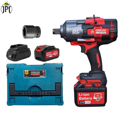 JPT Supreme Powerful Brushless 21-volt Cordless Impact Wrench | 2100 Nm Torque | 2300 RPM Speed | 3/4-Inch Head Shank | Bright LED Light | 8000mAh Battery | Fast Charger | 36mm Socket | Heavy Carry Case