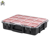 JPT Deep Tool Organizer Box with 10 Removable Bins, Heavy-Duty Storage Case with Transparent Lid for Tools, Hardware, Screws, Nuts, and Small items