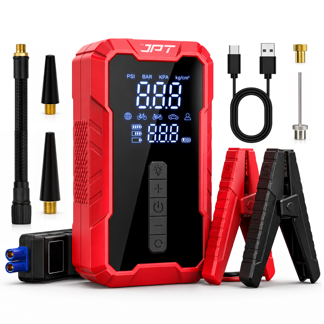 JPT Tools Portable Tyre Inflator & Car Jump Starter | 8000mAh Air Compressor for Cars, Bikes & Bicycles | Quick Inflation | Auto Shut Off | LED Light | Power Bank | EC5 Clamp & Valve Adapters Included