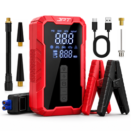 JPT Tools Portable Tyre Inflator & Car Jump Starter | 8000mAh Air Compressor for Cars, Bikes & Bicycles | Quick Inflation | Auto Shut Off | LED Light | Power Bank | EC5 Clamp & Valve Adapters Included