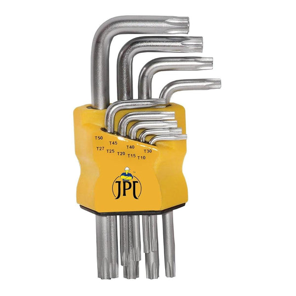 Grab the JPT 5-inch 9 pieces short arm Torx star end Allen key set, featuring sturdy and durable build, star end and drilled tip, long/short arm design, and more.
