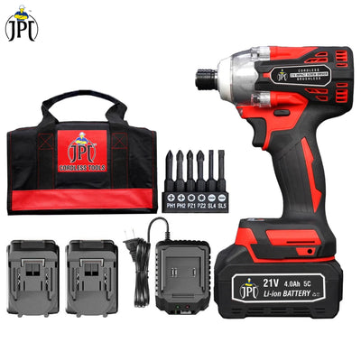 Shop the JPT powerful impact cordless screwdriver machine, featuring  brushless motor, 270nm torque, 3000 rpm speed, 3 speed mode, 4000mah battery, fast charger.