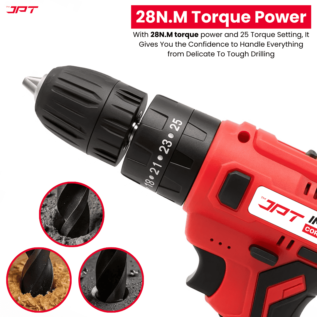 JPT Heavy-Duty 21V Impact Cordless Drill Machine | 28N.M Torque | 0-1350RPM Speed | 25+3 Gears Setting | 2 Speed Modes | Bright LED Light | Forward & Reverse | 2000mAh Battery | Fast Charger
