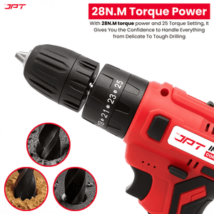 JPT Heavy-Duty 21V Impact Cordless Drill Machine | 28N.M Torque | 0-1350RPM Speed | 25+3 Gears Setting | 2 Speed Modes | Bright LED Light | Forward & Reverse | 2000mAh Battery | Fast Charger